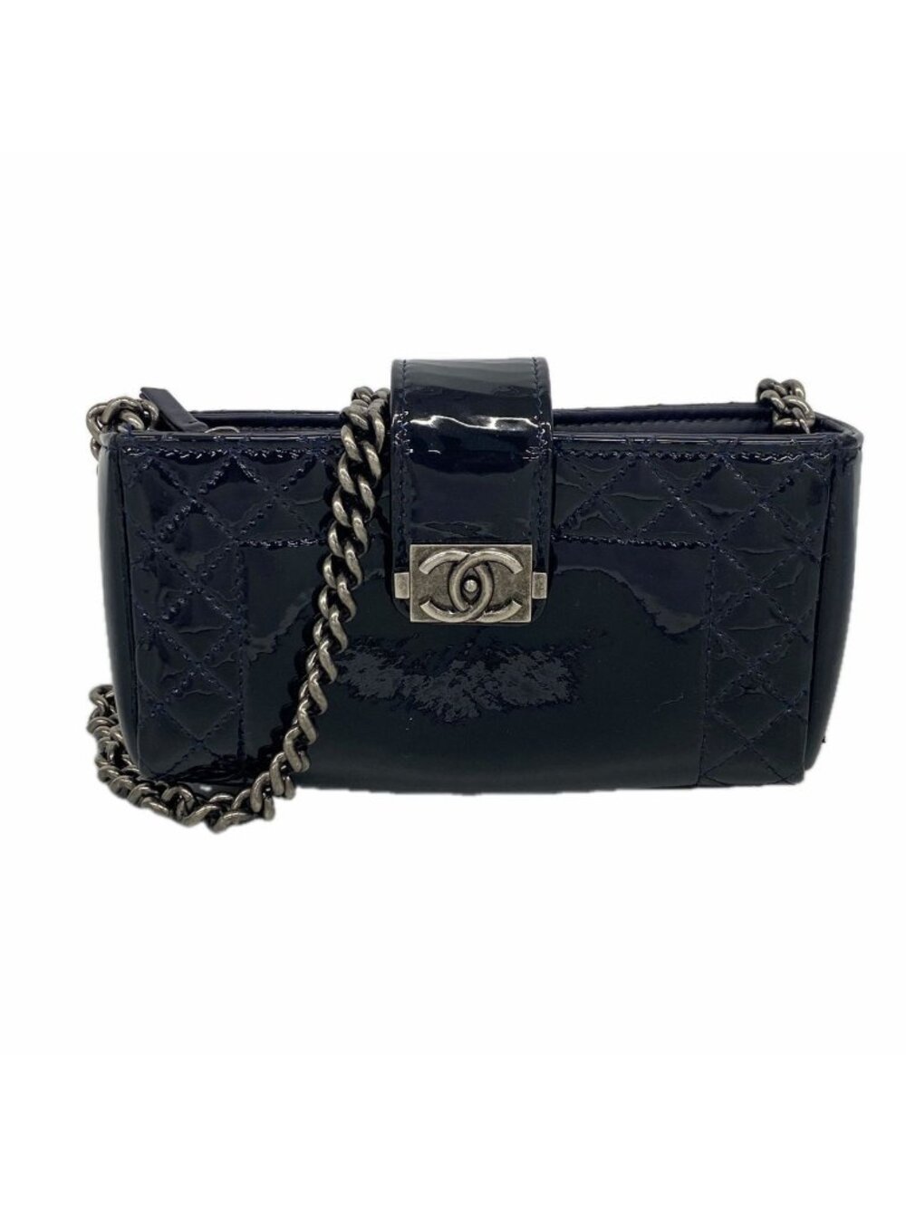 Chanel Shoulder Bag Boy Patent Leather Navy Silver